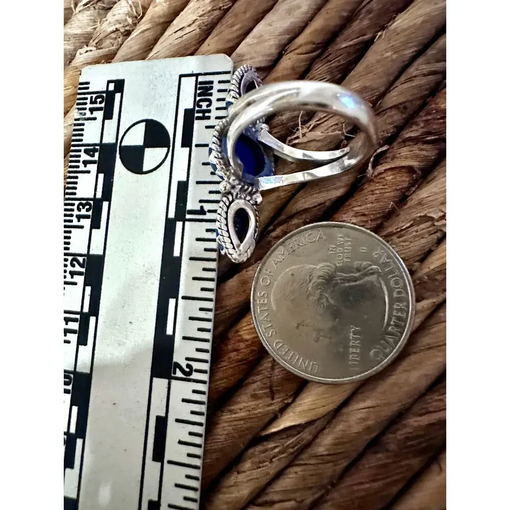 Artisan Crafted Lapis Lazuli Pyrite Sparkle Sterling Three Stone Ring Size 7